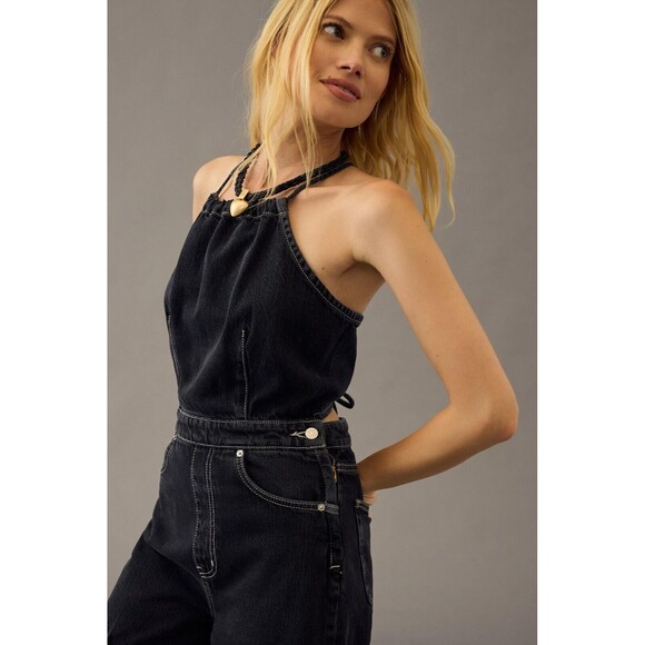 NWT ETICA Cami Halter Black Pearl Denim Jumpsuit Crop Wide Leg Size L - Picture 2 of 16